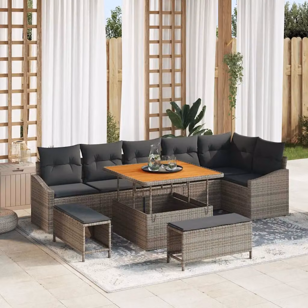 vidaXL Set Divano da Giardino a L con 9 Pezzi, Grigio, con Cuscini e Tavolino da Caffè