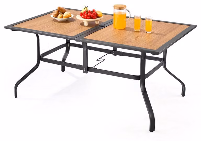 Tavolo da giardino, tavolo da balcone - Piano del tavolo: 1505 x 960 mm - Struttura Acciaio al carbonio e DPC - Finitura effetto legno marrone e nero - Adatto per 4-6 persone, per uso esterno