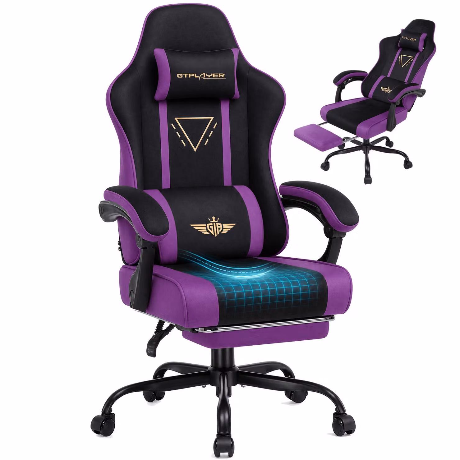 Sedia da gaming GTPLAYER, ergonomica, con rivestimento in tessuto, cuscino imbottito, braccioli regolabili e poggiapiedi, capacità di carico fino a 150 kg, sinistra