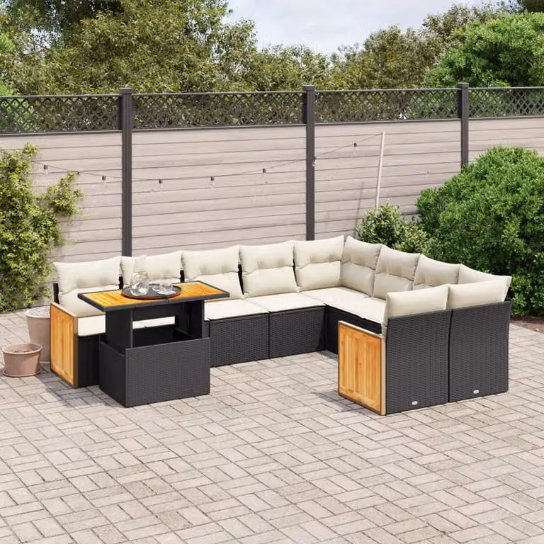 Set di divani da giardino vidaXL in polyrattan nero con cuscini e tavolino da esterno a forma di U