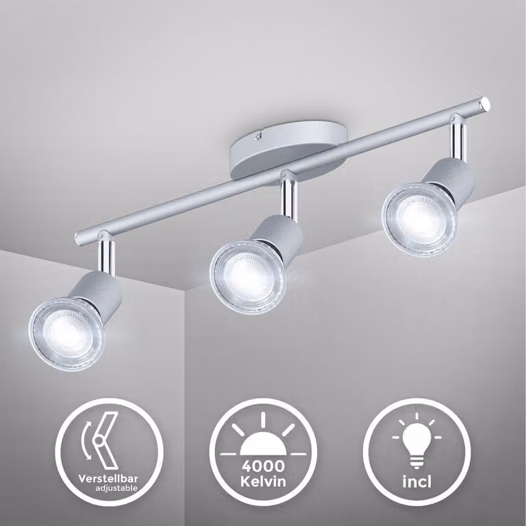 B.K.Licht I spot LED a soffitto a 3 fiamme I 3x 5W illuminante GU10 I 3x 400lm I girevole I IP20 I 4000K bianco neutro I color titanio