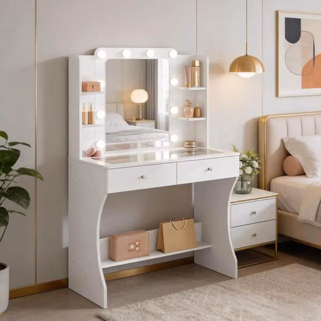Toeletta 80x40x135 cm bianca in MDF, specchio LED e 2 cassetti