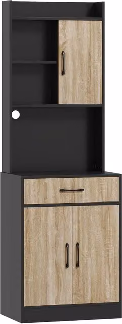 Mobile da cucina con piano di lavoro e foro passacavi, cassettiera moderna con cassetto, 3 ripiani a giorno, legno naturale, nero