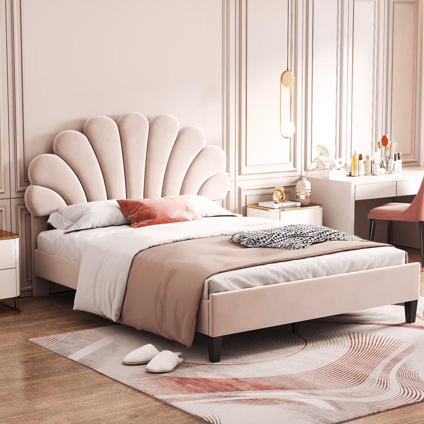 Letto imbottito 140 x 200 cm con testiera a forma di fiore, rivestito in velluto, con rete a 12 listelli e struttura in metallo. Letto matrimoniale con portata massima di 250 kg, colore beige