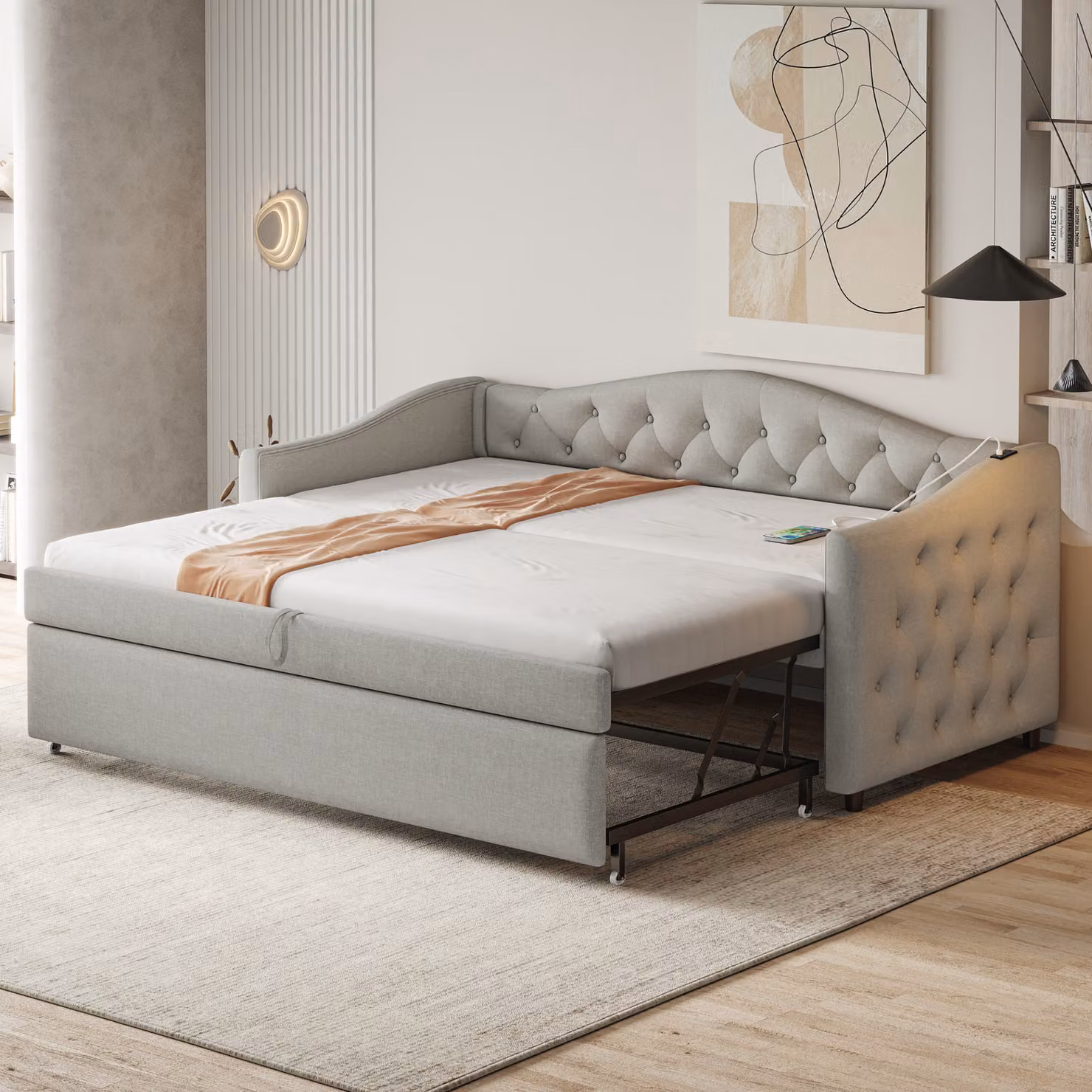 MODFU Letto estraibile 90x200cm/180x200cm con porta USB, Letto imbottito Daybed Letto per bambini Letto per ragazzi, Grigio (senza materasso)