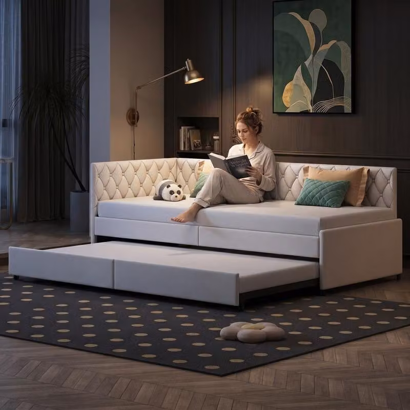 Divano letto ProximaX con letto estraibile 90x200 cm, velluto beige, 2 posti letto, divano pieghevole con funzione letto, letto per ospiti, con trapuntatura a bottoni
