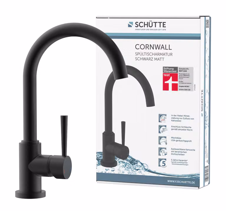 Miscelatore da cucina SCHÜTTE CORNWALL, miscelatore da cucina con funzione di risparmio energetico, miscelatore monocomando bocca girevole a 360°, nero opaco