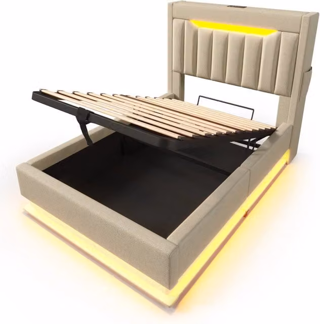 Letto singolo imbottito 90x200 cm con spazio contenitore, testiera con porte USB e Tipo-C, illuminazione LED Beige in lino (senza materasso)