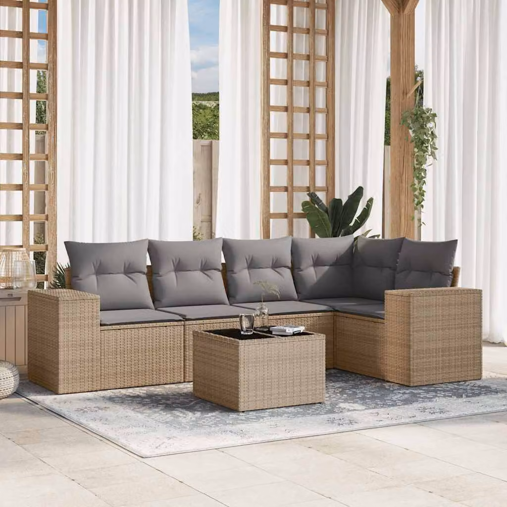 vidaXL Set Divano da Giardino a L 6 pz con Cuscini Beige e Tavolino in Metallo e Vetro – 1