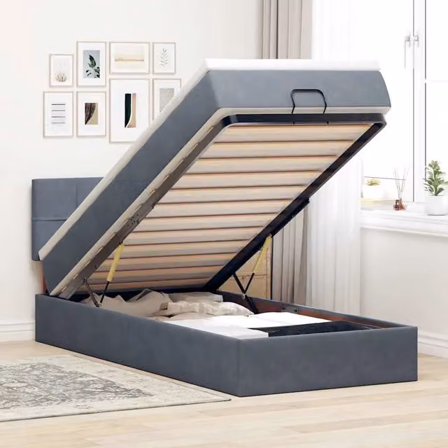 Letto con contenitore a sollevamento vidaXL in velluto grigio e bianco con materasso, illuminazione sottostante e porta USB, L: 190 cm, P: 90 cm, H: 88 cm