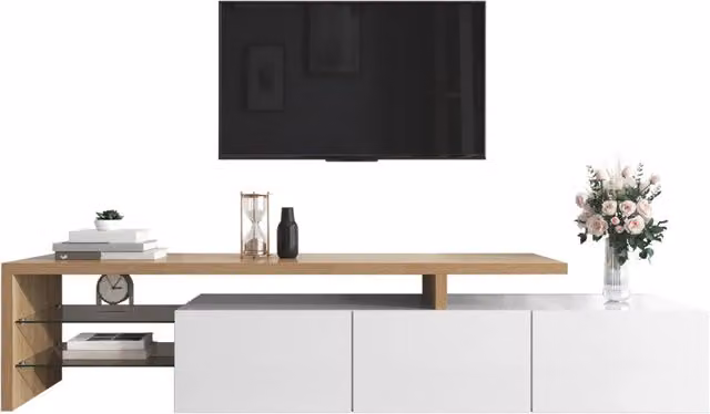 Mobile TV moderno bianco lucido e effetto legno, con ripiani in vetro e illuminazione LED, elegante design con pratico spazio contenitivo