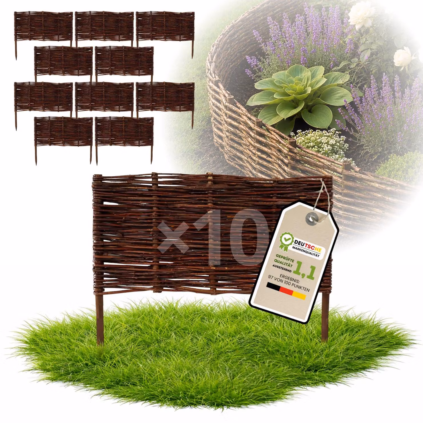 Floranica 10 pezzi Recinzione in vimini 40 cm x 60 cm – Staccionata da giardino intrecciata Palizzata Recinzione naturale Bordo aiuola