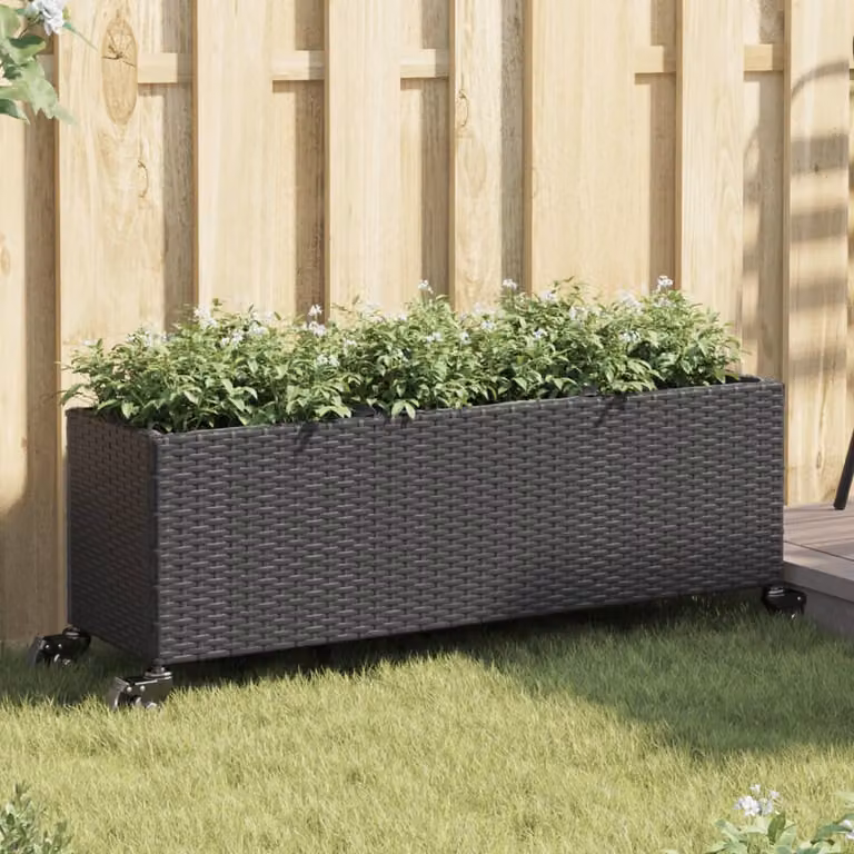 Fioriera con ruote e 3 vasi vidaXL in polyrattan colore nero L: 107 cm, P: 32 cm, H: 38 cm