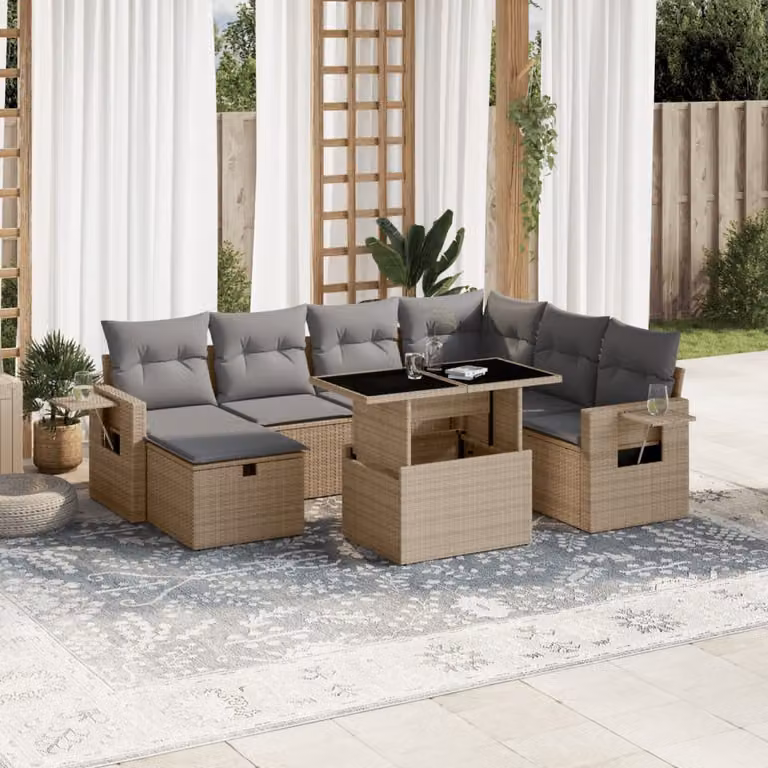 vidaXL Set Divano da Giardino 8 pz a Forma di L con Cuscini Beige e Tavolino in Polyrattan e Acciaio