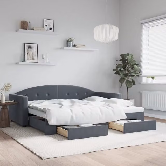 Divano Letto Estraibile con Cassetti vidaXL in Velluto Grigio per Soggiorno e Camera da Letto L/P/H: 90 x 190 cm – 1