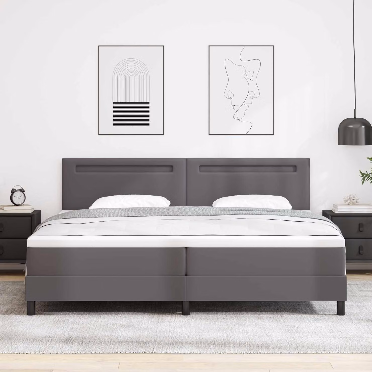 Letto a molle con testiera vidaXL in pelle sintetica grigia con illuminazione sottostante e porta USB, L/P/H: 200 x 200 x 280 cm