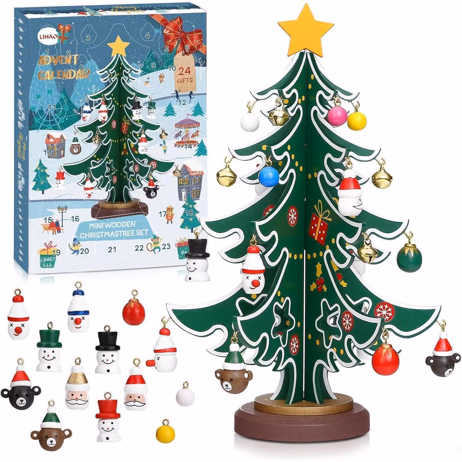 Calendario dell'Avvento, albero di Natale in miniatura in legno con 24 decorazioni, ideale per progetti fai-da-te e decorazioni per bambini