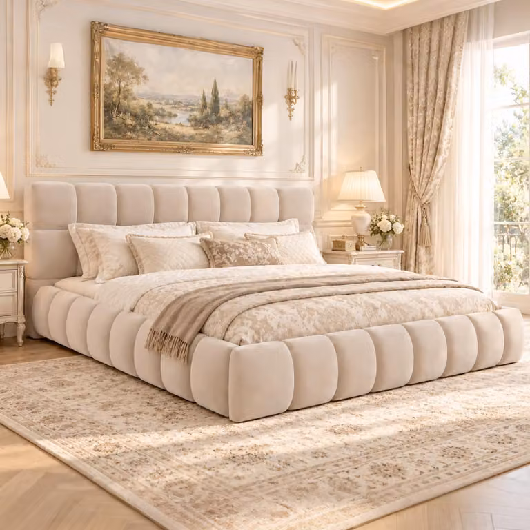 Letto imbottito 180x200 cm con testiera imbottita, superficie di appoggio integrata, 12 listelli, rivestimento in tessuto, portata massima 300 kg, colore beige/grigio