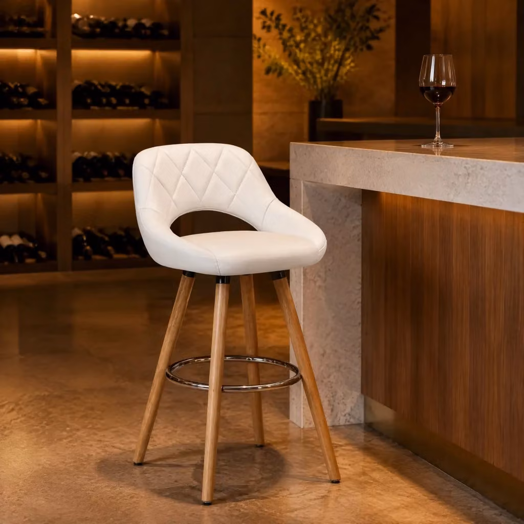Sgabello da bar REDOM in ecopelle bianca e legno massello, Altezza: 91 cm – 2