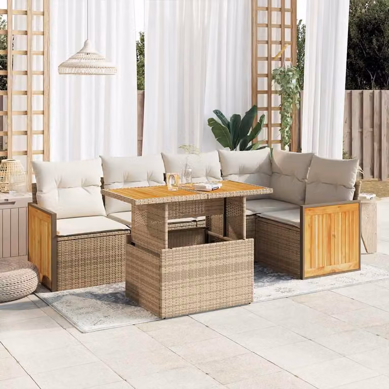 Set Divano da Giardino a L vidaXL in Polyrattan e Legno di Acacia con Cuscini Beige e Bianchi, 6 Pezzi