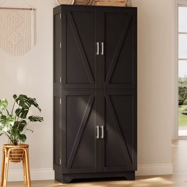 Mobiletto alto con 4 ante a doppia porta, armadio dispensa con portabottiglie e mensole, 80×40×180 cm