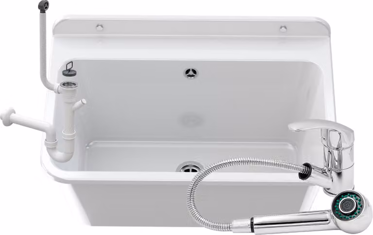 Granitan - Lavabo - Lavello - 61x41x30 cm - Bianco - con rubinetteria e sifone - Lavello - LARGE