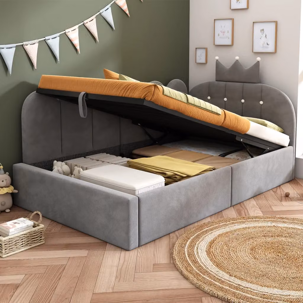 Letto contenitore singolo Chicfurn in velluto grigio con rete sollevabile e testiera imbottita L/P/H: 200 x 90 x 36,9 cm – 2