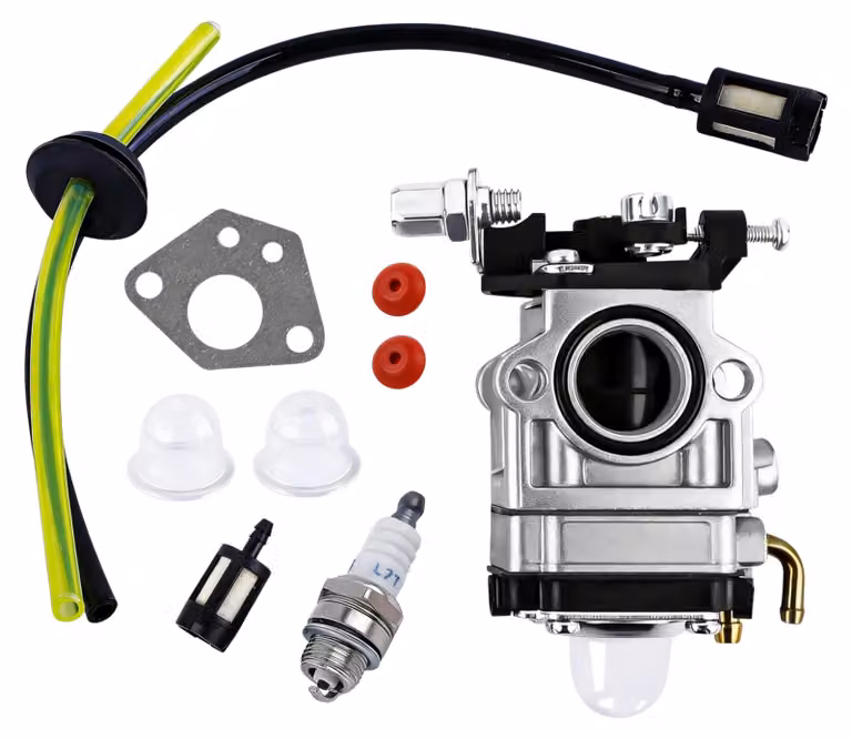 Carburatore per decespugliatore, disponibile per motori da 52 cc, 49 cc e 43 cc, kit completo con guarnizioni, tubo carburante, candela e filtro benzina