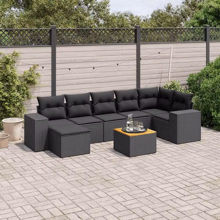 vidaXL Set Divani da Giardino a L con Cuscini 8 pz Nero in Polyrattan e Legno di Acacia