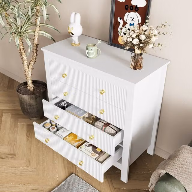 Comò con 5 cassetti strutturati e maniglie dorate per camera da letto in truciolare bianco 79 × 80,5 × 39,5 cm