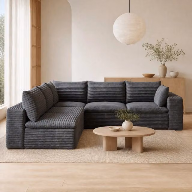 Divano modulare in tessuto grigio scuro con imbottitura in schiuma e design componibile