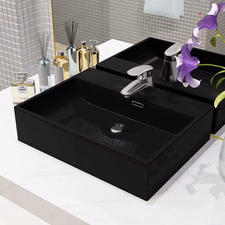 The Living Store Lavabo con foro per rubinetto in Vetroceramica nera 51,5 x 38,5 x 15 cm
