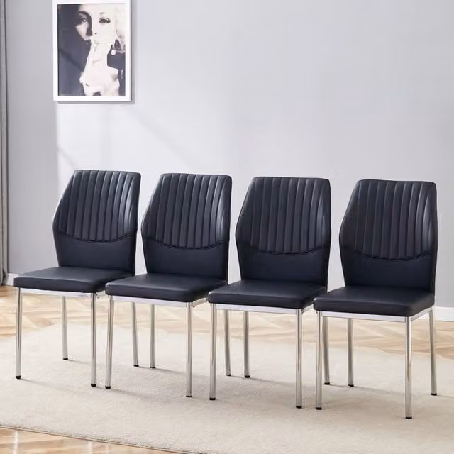 Set di 4 sedie da pranzo moderne OKWISH in similpelle nera con schienale a coste e gambe in metallo argento