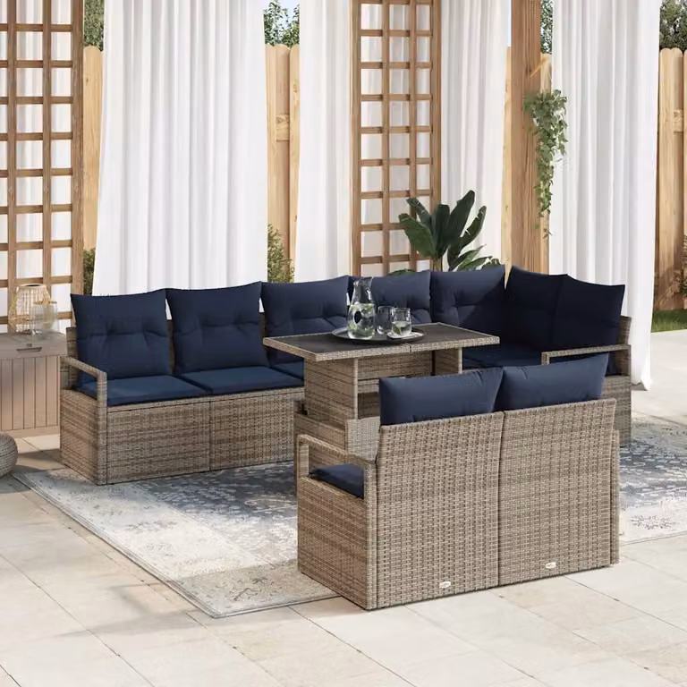 Set Divano da Giardino vidaXL a forma a U con 9 pezzi, 8 posti, Grigio e Blu Navy