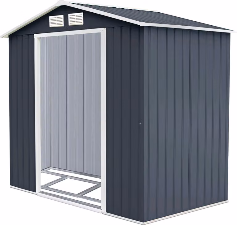 Casetta per attrezzi in metallo COSTWAY con fondazione in metallo, casetta da giardino 213x127x185cm, casetta per attrezzi 2,37 m2, casetta da giardino zincata, resistente alle intemperie, grigio scuro