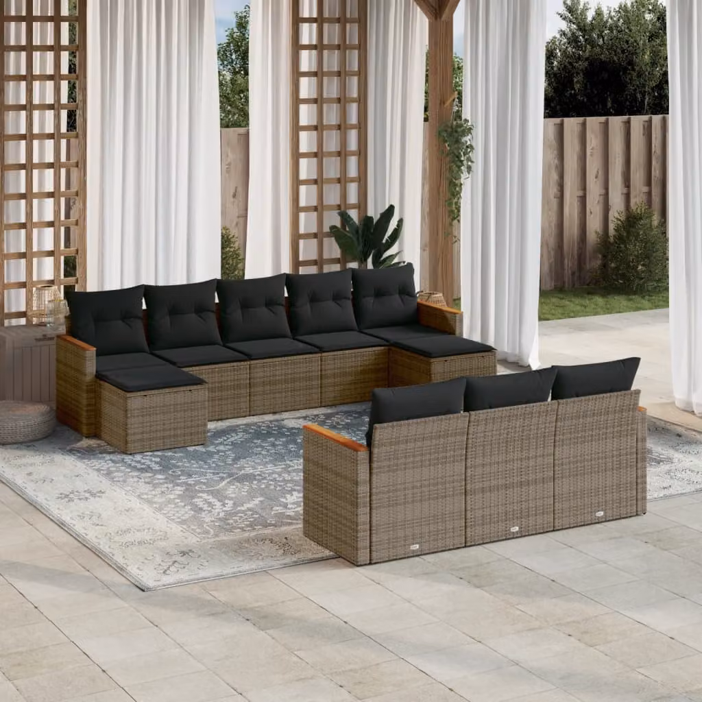 vidaXL Set Divano da Giardino 10 pz a forma di U in Polyrattan Grigio con Cuscini Imbottiti e Rivestimenti Rimovibili – 1