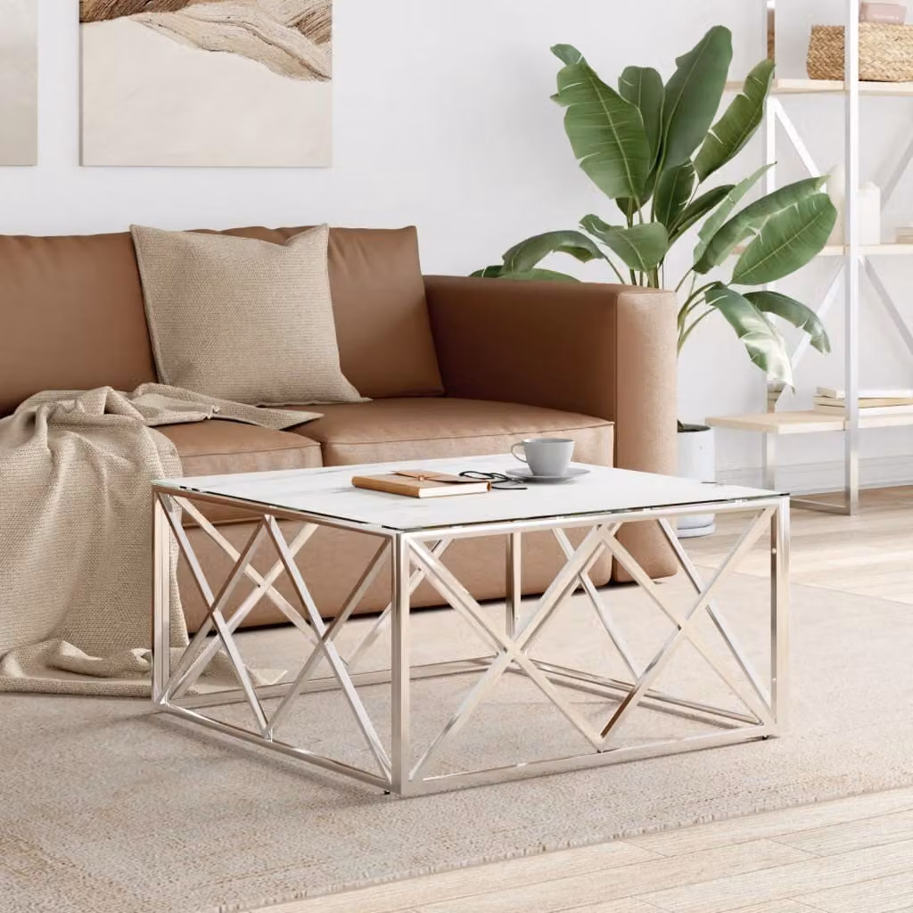 Tavolino The Living Store silver 80x80x40 cm in acciaio inox e vetro