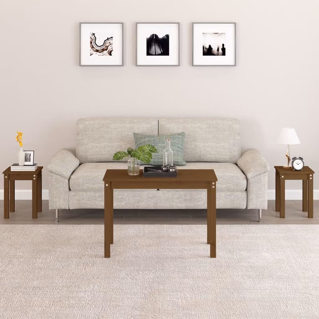Set di 3 tavolini a incastro vidaXL in legno massello di pino, colore marrone, design moderno per soggiorno o camera da letto