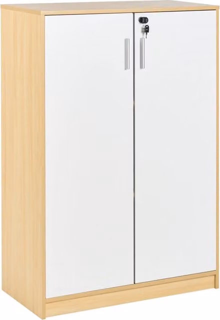 Armadietto contenitore BELIANI moderno in legno e MDF bianco e marrone con 2 ante e ripiani regolabili H: 117 cm, L: 80 cm, P: 40 cm