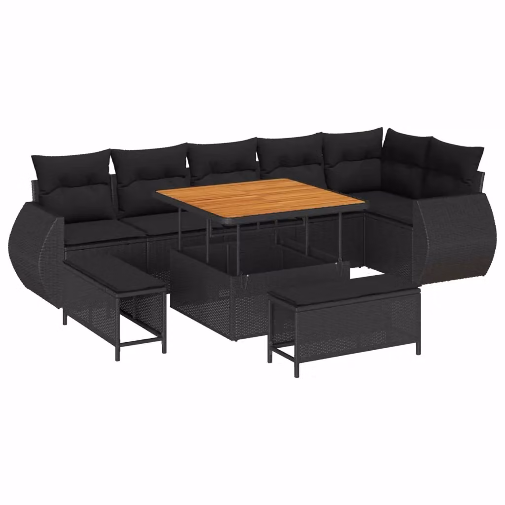 Set Divano da Giardino vidaXL 9 posti Nero con Cuscini e Tavolino in Rattan e Acciaio – 2