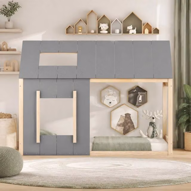 Letto per bambini 90x200 cm naturale e grigio – casetta, senza materasso