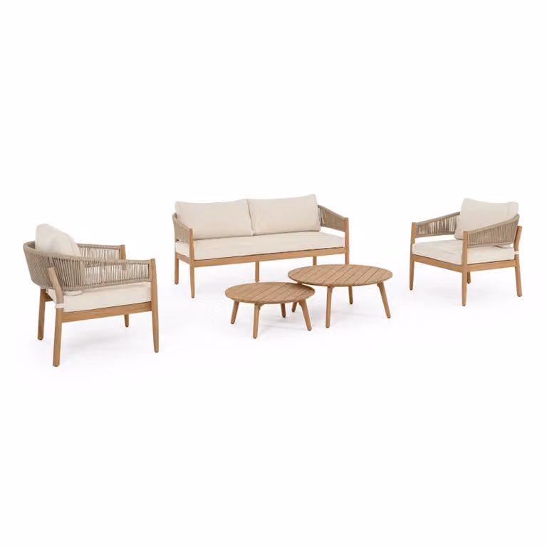 Set salotto SIVIGLIA in legno di acacia, corda e tessuto beige