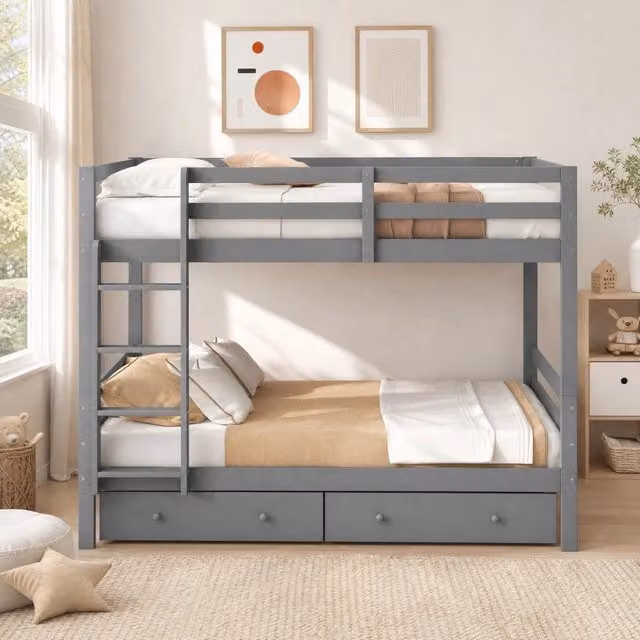Letto a castello moderno in pino e MDF grigio con cassetti, L/P/H: 200 x 140 x 145 cm – 1