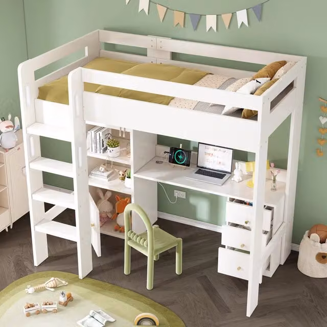 Letto a soppalco 90 × 200 cm con scrivania, armadio, cassetti e ricarica USB Type-C, senza materasso, bianco