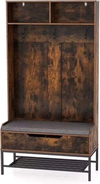 Appendiabiti 4 in 1 HELLOSHOP26 con panca contenitore e porta scarpe, marrone rustico, L: 90 cm, P: 38,5 cm, H: 170 cm