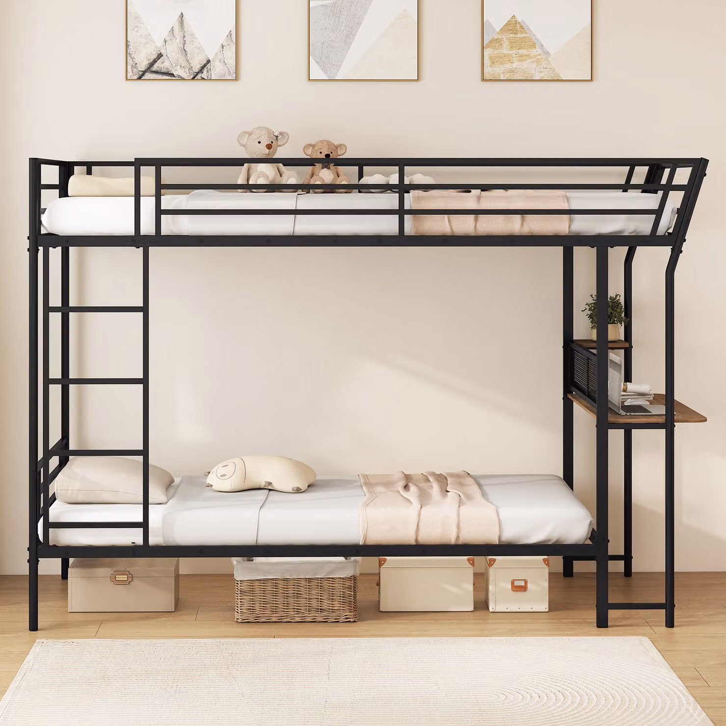 Letto a castello Costway con scrivania integrata, struttura in metallo e legno nero con sponde di sicurezza e scala inclusa