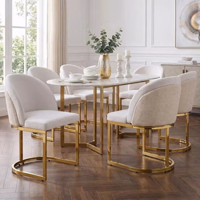 Set da 6 sedie da pranzo moderne REDOM in tessuto chenille beige e oro L/P/H: 59 x 52 x 85 cm