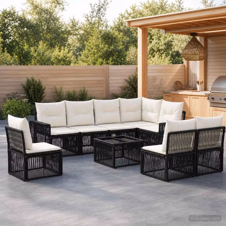 Maison Exclusive - Set da giardino composto da 9 pezzi. Divano e poltrone in rattan sintetico, colore nero e crema