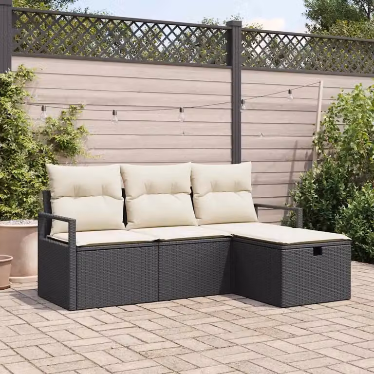 Set di divani da giardino vidaXL a forma di L con 4 posti, colore nero e beige, in rattan con struttura in metallo e cuscini inclusi