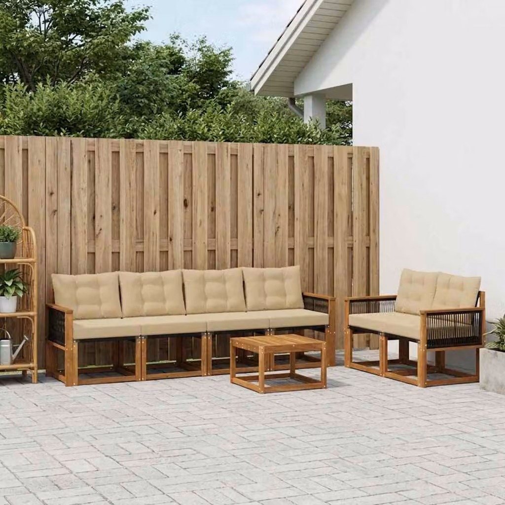 Set di divani da esterno vidaXL 7 pezzi in legno di acacia e textilene, colore marrone e beige, con cuscini e tavolino da giardino